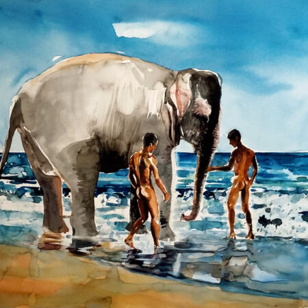 Elephant and two men by Rinaldo Hopf